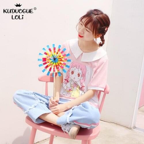 Japanese Style Girls T-shirt Student Sweet Preppy Short-Sleeve Cartoon Anime College Pink Purple Doll Collar Women Loose Fit Top