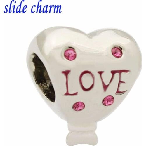 Slide charm Free shipping Mothers Day Gift New Arrival Pink Crystal I love my mother balloon amulet beads fit Pandora bracelet