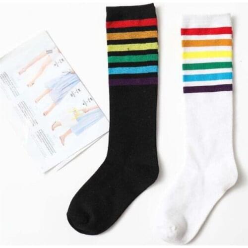 Hot sale! multicolor stripes cotton sexy womens long rainbow socks student style party street dancing knee sock
