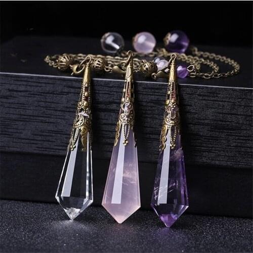 Reiki Stone Crystal Pendant Pendulum Vintage Antique Bronze Amethysts Rose Quartzs Opal Hexagon Prism Amulet Pendants Jewelry