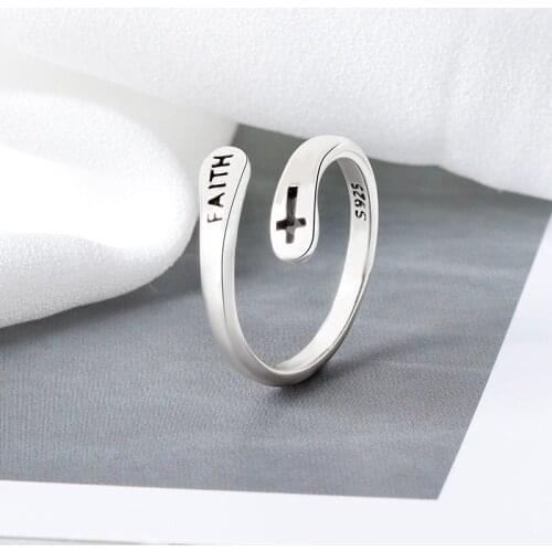 Silver Color Rings For Women vintage Faith Cross Letters Round Engagement Rings Jewelry Anillos Mujer