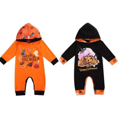 Newborn Halloween Hooded Romper, Long Sleeve Cartoon Pattern Printing Concealed Bottom Button Spring Autumn Festive Clothing