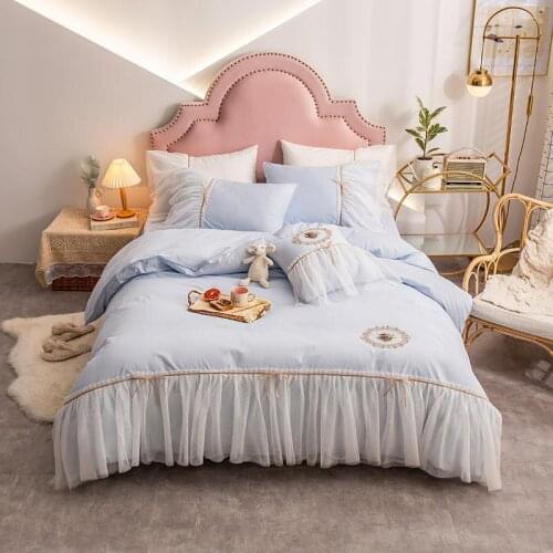 4Pcs All cotton Solid color Princess style bedding sets queen king size duvet cover set bed skirt set pillowcase bedclothes