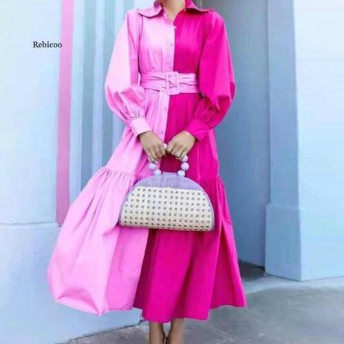 Korea Chic Autumn Fashion Long Contrast Color Robe Stitching Lapel Single-breasted Lace-up Lantern Sleeve Midi Dress