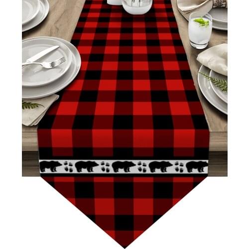 Red And Black Plaid Forest Animals Bears Table Runner Luxury Dining Table Decor Tablecloth Table Runner for Wedding Party