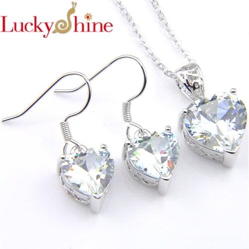 Luckyshin Bridal Jewelry Set for Women 8 Colors Heart Peridot Zircon Gems Silver Pendants Necklaces Hook Earrings Charm Jewelry