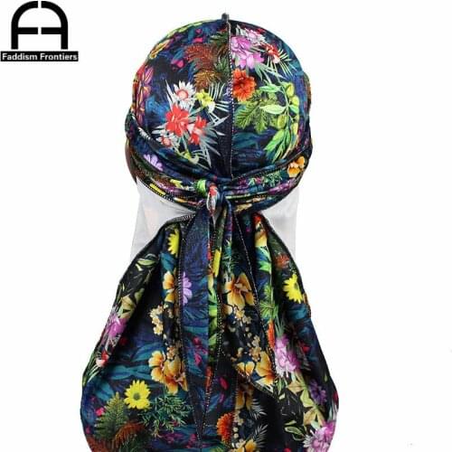 Custom Mens Print Velvet Durags Turban Hat Bandanas Headwear Floral Printed Men Velvet Durag Long Straps Waves Hair Accessories