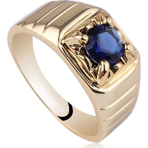 Gold Color on 925 Sterling Silver Ring Mens 6mm Round Stone Solitaire Jewelry Anillo Hombre R113 Size 10 11 12 13