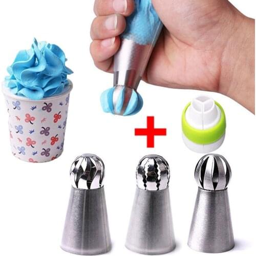 SET OF 4,Sphere Ball Shape Russian Icing Nozzles Tips Cupcake Decor Kitchen Baking Tool Plus Free Coupler Cake Decorating Tools