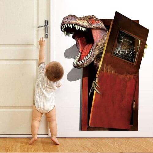 3D Effect Dinosaur Break Door Wall Stickers For Kids Rooms Bedroom Home Decor Pvc Wall Decal 45*60CM Mural Tropical Decorations