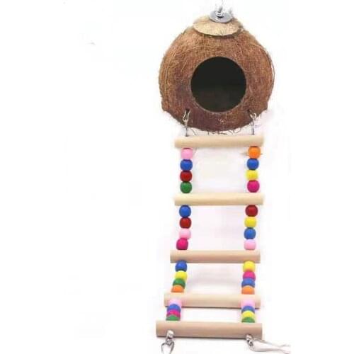 Natural Coconut Shell Bird Nest House Pet Parrot Hut Cage Hanging Toy Birds Feeder Pets Toy Cage With Colorful Ladder