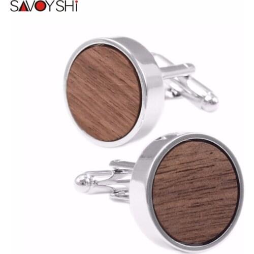 SAVOYSHI Luxury Round Wood Cufflinks For Mens French Shirt Cuff buttons High Quality Cuff links Brand Jewelry Wedding Gift