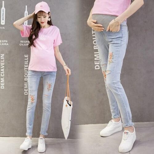 Ripped Hole Pencil Pregnancy Trousers Clothes for Pregnant Women 976# Embroidery Flower Denim Maternity Jeans Summer Light Blue