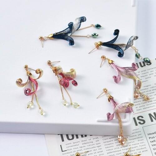 Ethnic Style DIY Copper Wire Braided Drop Earrings for Women Girls Fashion Crystal Patchwork Flower Tassel Earrings Accessories