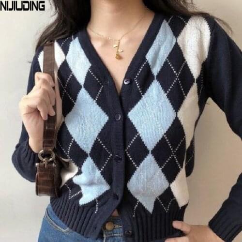 NIJIUDING Knitted Sweaters for Women 2020 Autumn New Argyle Vintage Long Sleeve Single Breasted Cardigans Short Coat Tops Female