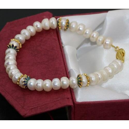 Vintage style new natural 6*8mm white cultured freshwater pearl abacus beads clasp bracelets for women jewelry 7.5inch B2758