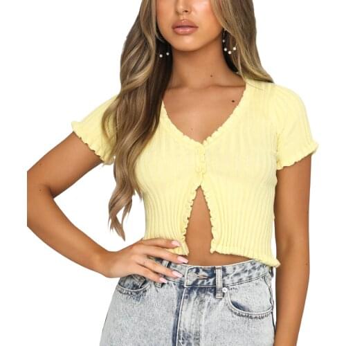 Womens Wild Elegant Solid Color Top Short Sleeve V-Neck Two Buttons Fitting Casual Ruffled Trim Ribbed Knitted Blouse Top