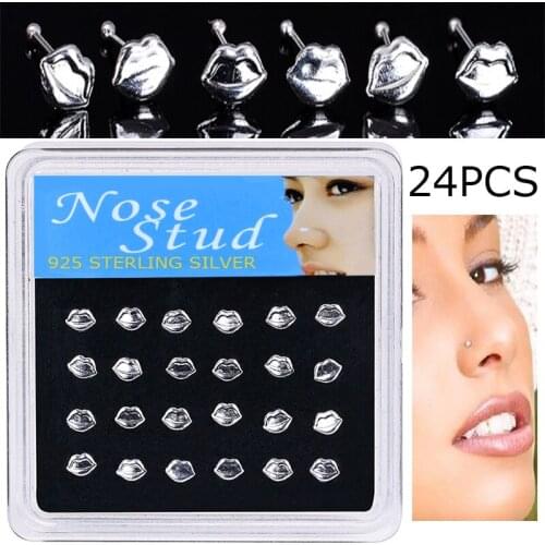 Walerv 24pieces Women Female Nose Piercing Jewelry Lip Shape Nose Studs Rings Nail Nose Jewelry Wholesale