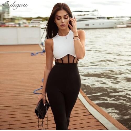 Ailigou Free Shipping 2020 Womens Black Sexy Sleeveless Hollow O-neck Waist Mesh Patchwork Celebrity Party Bandage Jumpsuit