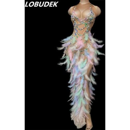 Multi-color Pearls Rhinestones Slit Feather Dress Women Singer Dancer Prom Birthday Celebrate Sexy Long Dress Nightclub Costume