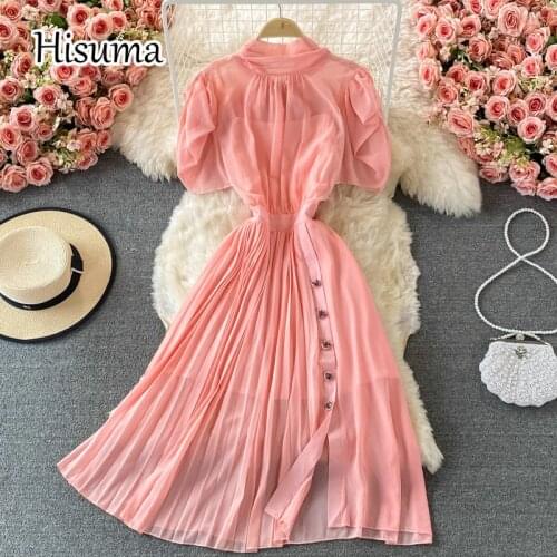 2021 summer new womens chic high collar puff sleeve single breasted chiffon A-line dresses female retro pleating party dress