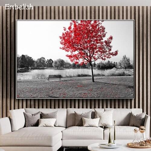 1 Pieces Red Tree In Empty Park Landscape Wall Pictures For Living Room Black And White Home Decor Posters HD Canvas Paintings