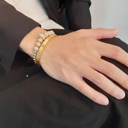 2Pcs/set AAA CZ Crown Beaded Bracelet Set Men Women Punk Stainless Steel Cuff Bangle Jewelry Gift