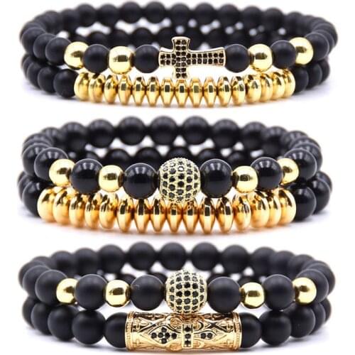 2pcs/set Trendy Zircon Ball Cross Charm Bracelet Men 8mm Beads Hematite Bracelet Bangles Jewelry Gift