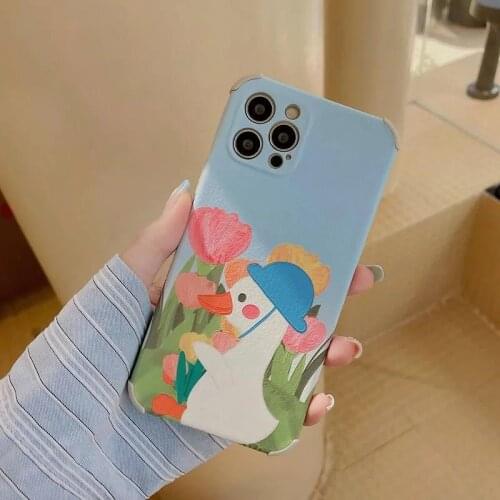 Retro Art Oil Painting Tulip Duck Phone Case For iPhone 12 11 Pro Max XR X Xs Max 7 8 Puls SE 2020 Cases Soft Silicone Cover