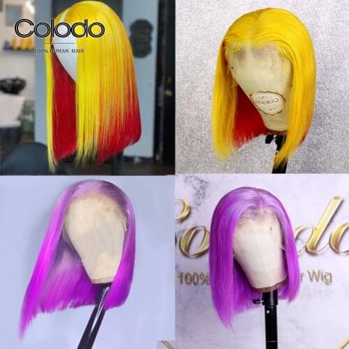 COLODO Pre Plucked Yellow Red Short Bob Wig Brazilian Remy Purple Pink Blue Lace Front Human Hair Wigs for Women