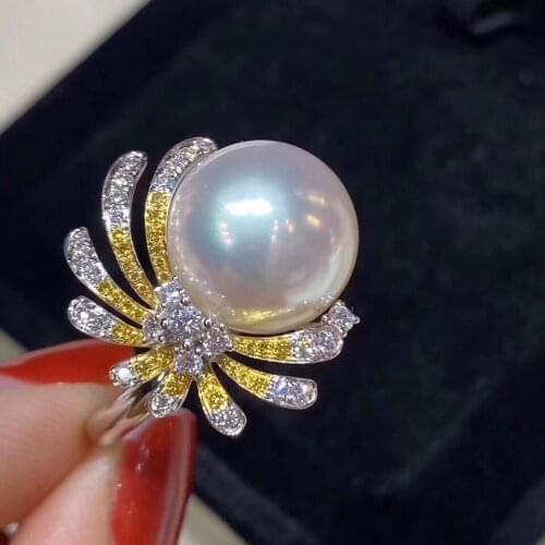 D109 Pearl Rings 11-12mm Fine Jewelry 18K Gold Natural White Peals Diamonds Rings for Women Fine Pearls Rings