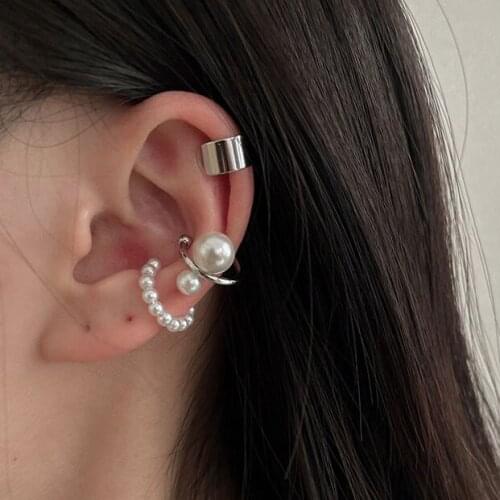 3 Pieces Set Of Clip Earrings For Women Small Geometric C Shaped Pearl Beads Ear Clips Without Pierced Jewelry Ladies Gift