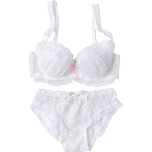 Summer Thin Flower Embroidery Lace White Japanese Bra & Panties Set Underwire Push Up Soft Underwear Intimates Set Kawaii Lolita