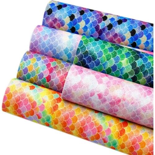 Mermaid Fish Scale Printed Faux Leather Sheets Fine Glitter Synthetic Leather Fabric Set 20x33cm for DIY Earrings Crafts Bows