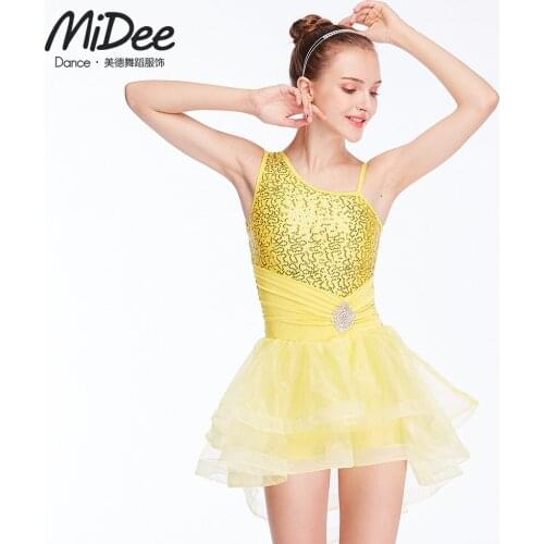 MiDee Modern Ballet Dance Costume Women Sequin Shiny Sleeveless Tutu Skirt Performance Gymnastics Dance Leotard for Girls Kid