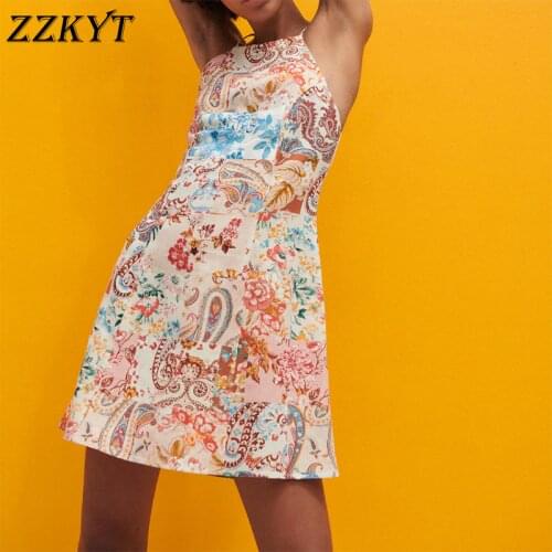 ZZKYT 2021 Women Summer Vintage Patchwork Print Mini Dress Fashion Square Collar Sleeveless Backless Female Party Dresses Mujer