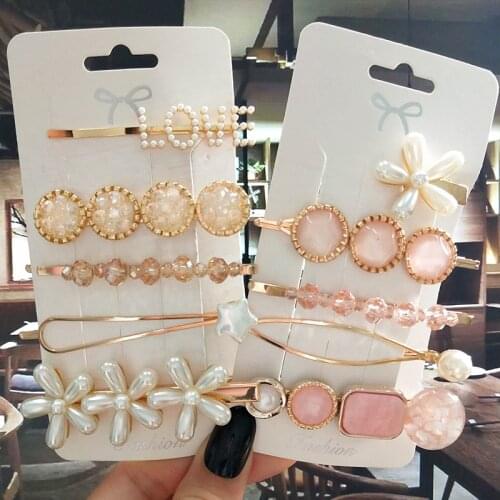 5pcs/set Fashion Crystal Hairpins For Women Jewelry Chic Letter Flower Imitation Pearl Gold Barrette Clips Girl Hair Accessories