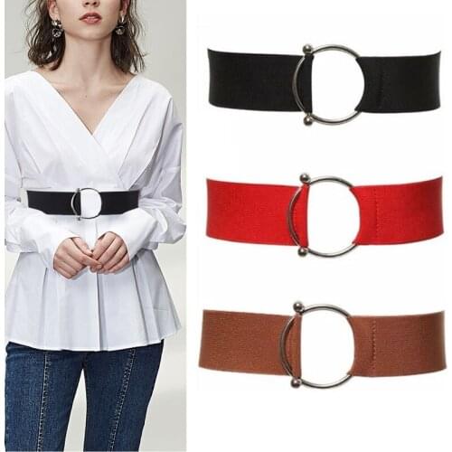 Fashion metal round buckle belt Women black wide Elastic Cummerbunds strap ladies dress corset waistband clothes Accessory