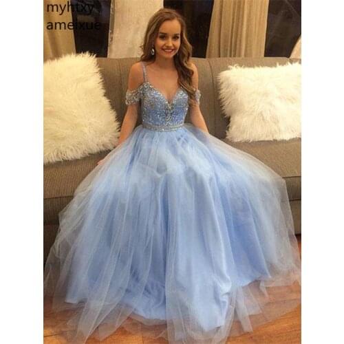 2021 New Charming Straps Beaded Appliques Blue Sexy Tulle A-line Plus Size Evening Dresses Party Prom Formal Gown Robe De Soiree