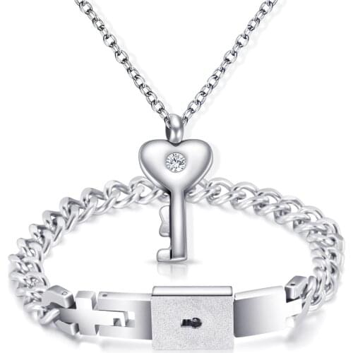 A Couple Jewelry Sets Stainless Steel Love Lock Bracelets Bangles Key Pendant Necklace Couples