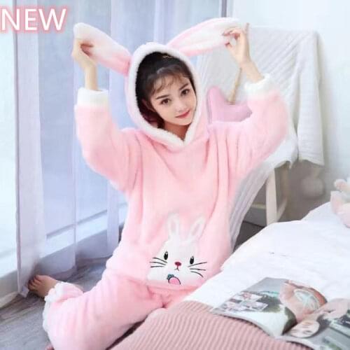 Womens Hooded Flannel Pajamas Set Warm Sexy Sleepwear Set Women Cartoon Cute Rabbit Ears Homewear Long Sleeve Pant Big Size