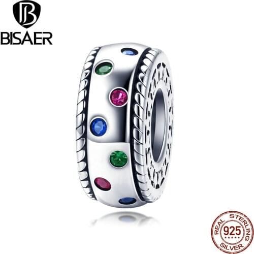 BISAER Authentic 925 Sterling Silver Colorful Zircon Spacer Beads Charms fit for Original 925 Silver Jewelry ECC1005