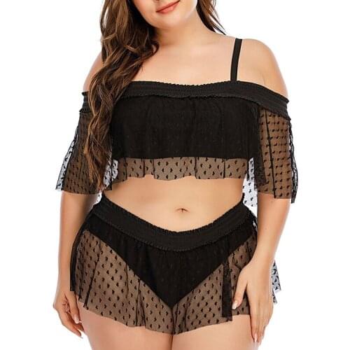 Plus Size Off-Shoulder Womens Bikini Two Piece Push Up Ruffle Swimsuit Sexy Mesh Biquini High Leg Swimwear With Skirt Female