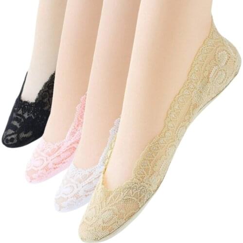 RMSWEETYIL 4Pairs Lace No Show Socks for Women Sheer Loafer Flat Liner Non Slip Invisible Low Cut Thin Bootie Ladies Dress Sock