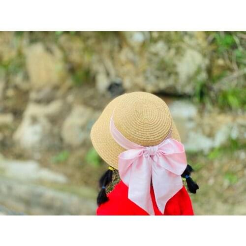 2021 child sun flat straw hat boater hat girls big bow summer Hats For kid and Beach flat panama straw hat