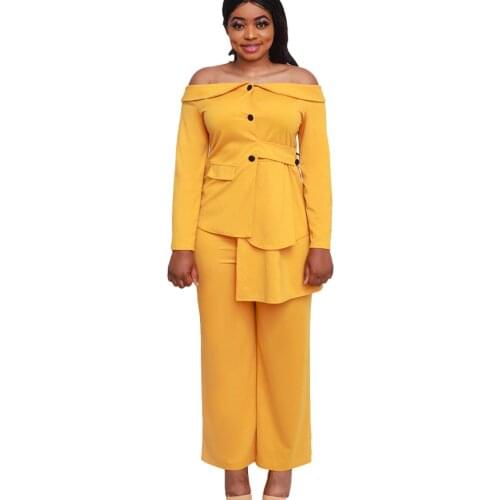 Spring and Autumn 2021 African Women Yellow White Plus Size Two Pieces Sets Top and Pant African Clothing