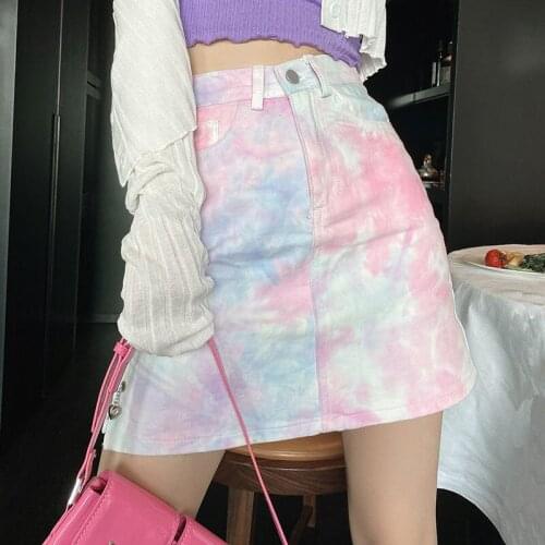 High Waist Denim Skirt Women Korean Fashion New Tie-Dye Skirts Harajuke Casual Plus Size A-line Wrap Mini Skirt