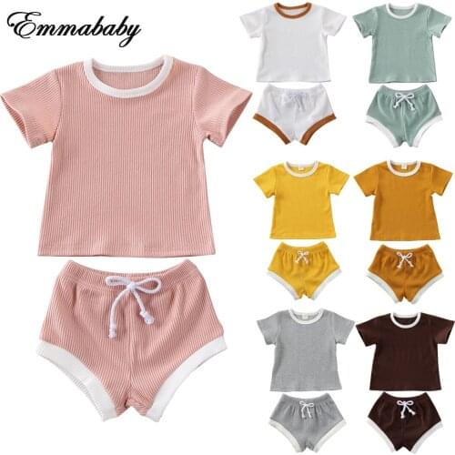 0-3T NEW Baby Summer Clothing Infant Baby Girl Boy Clothes Short Sleeve Tops T-shirt+Shorts Pants Ribbed Solid Outfits 0-3T
