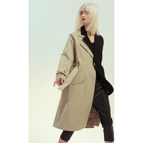 British Women Retro Stitching Irregular Trench 2020 Autumn Winter Color Match Belt Waist Windbreaker Blazer Patchwork Long Coat