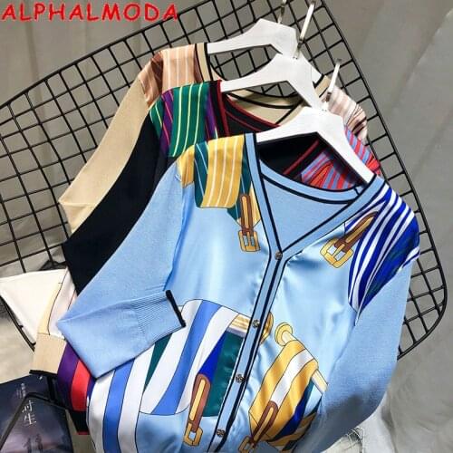 ALPHALMODA 2020 Autumn Women Long-sleeved Printed Sweater Tshirt V-neck Single Breasted Ladies Vintage Fashion Top